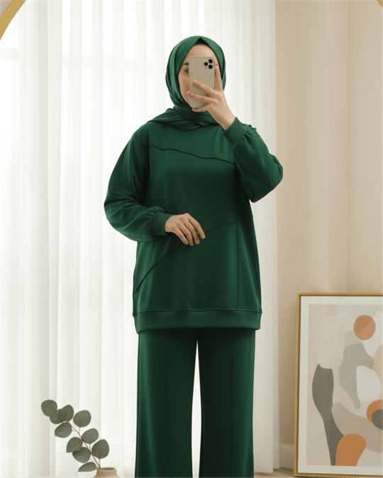 İki İp Çimalı Pantolonlu Penye Takım -Zümrüt