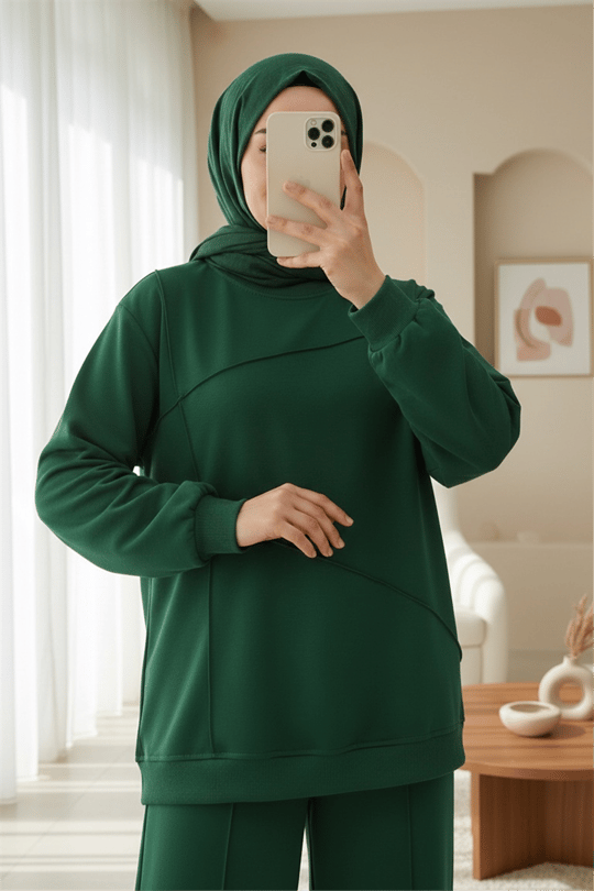 İki İp Çimalı Pantolonlu Penye Takım -Zümrüt