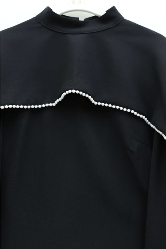 İnci Detaylı Çıkarılabilir Pelerinli İspanyol Kol Astarlı Krep Abaya Elbise -Siyah
