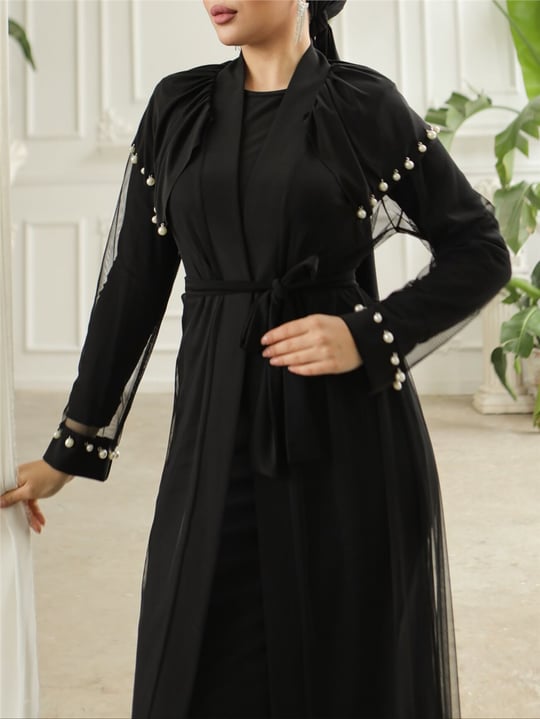 İnci Detaylı Tül Hırkalı Sendy Abaya -Siyah