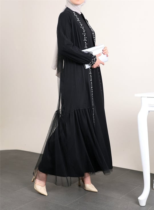İncili Taşlı İkili Abaya Takım -Siyah