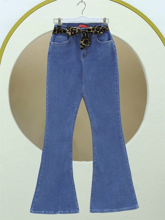 Pantolon-İspanyol Paça Fular Detaylı Kot Pntolon  -Mavi-136-2307-R31