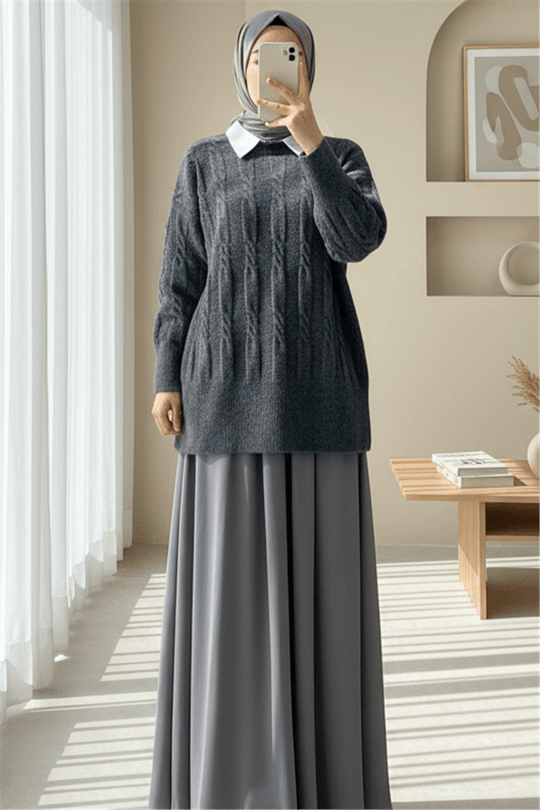 Kabartma Desenli Yumoş Triko Kazak   -Füme-Kazak-109-0943-R18