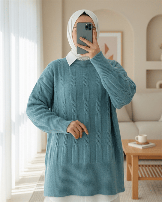 Kabartma Desenli Yumoş Triko Kazak  -Turkuaz