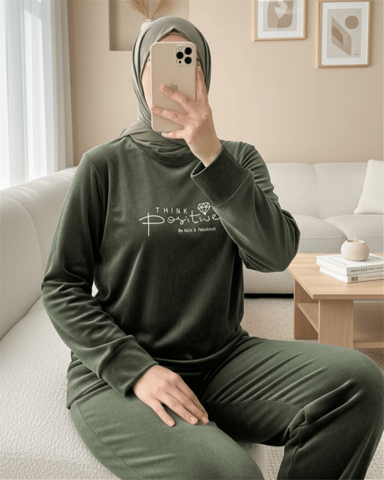Kabartma Yazılı Fransız Kadife Pijama Takımı -Haki