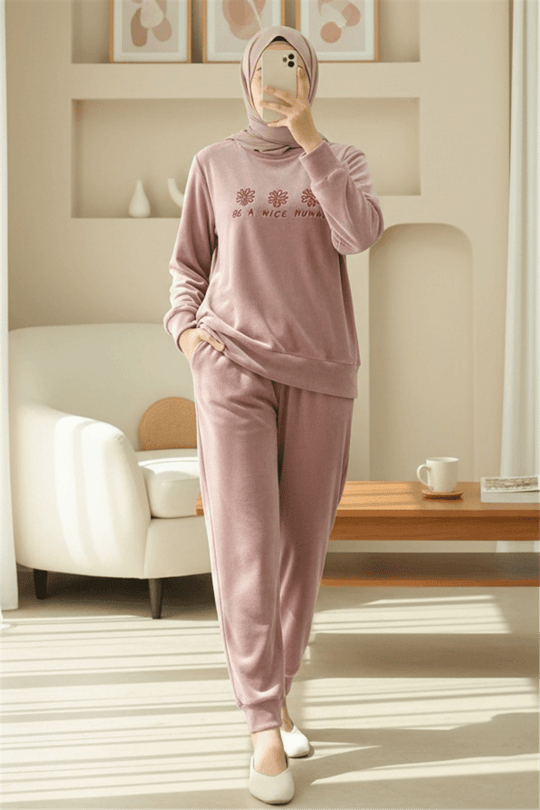 Kabartma Yazılı Fransız Kadife Pijama Takımı -G.Kurusu
