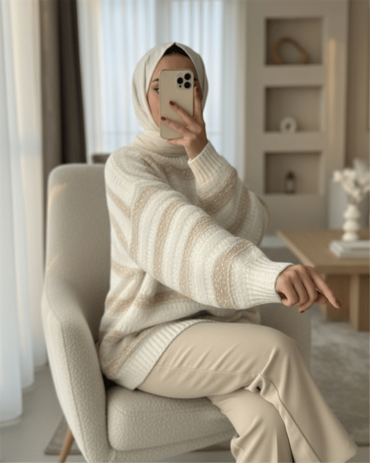 Kalın Çizgi Desenli Örme Triko Kazak -Beyaz