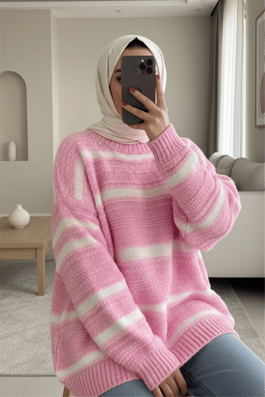 Kalın Çizgi Desenli Örme Triko Kazak -Pembe
