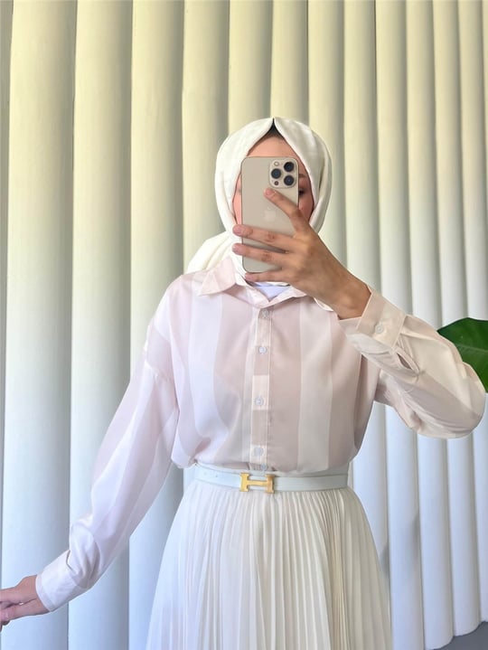 قميص سميك مخطط بأزرار - بيج