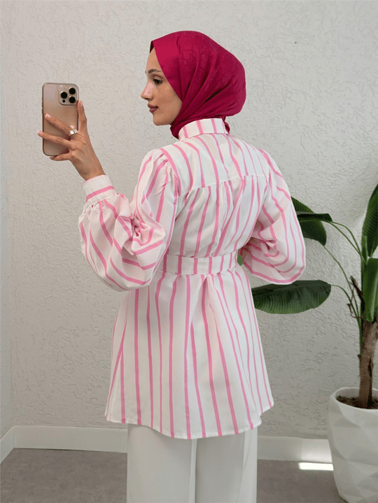 Kalın Çizgili Tokalı Kemerli Gömlek -Pembe