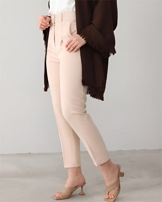 Kalın Kemerli Kumaş Pantalon   -Krem