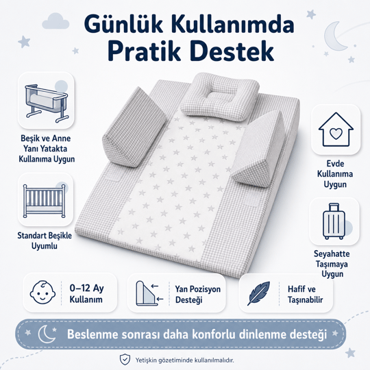KaliteMall Yıldızlı Rüyalar Bebek Reflü Yatağı  - Gri Yıldızlı
