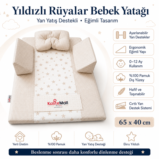 KaliteMall Yıldızlı Rüyalar Bebek Reflü Yatağı  - Ekru Yıldızlı