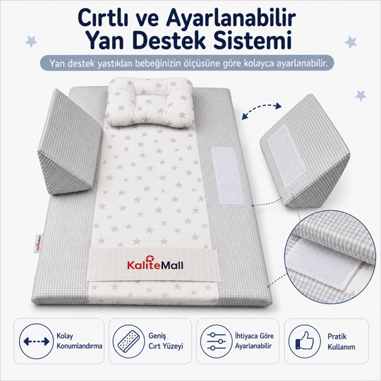 KaliteMall Yıldızlı Rüyalar Bebek Reflü Yatağı  - Gri Yıldızlı