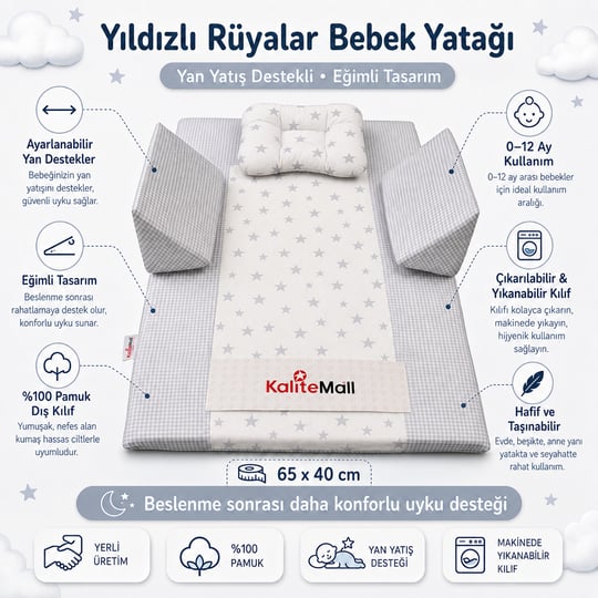 KaliteMall Yıldızlı Rüyalar Bebek Reflü Yatağı  - Gri Yıldızlı