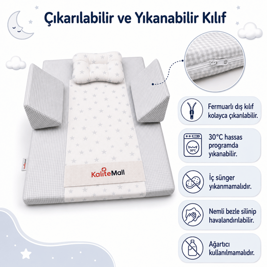 KaliteMall Yıldızlı Rüyalar Bebek Reflü Yatağı  - Gri Yıldızlı