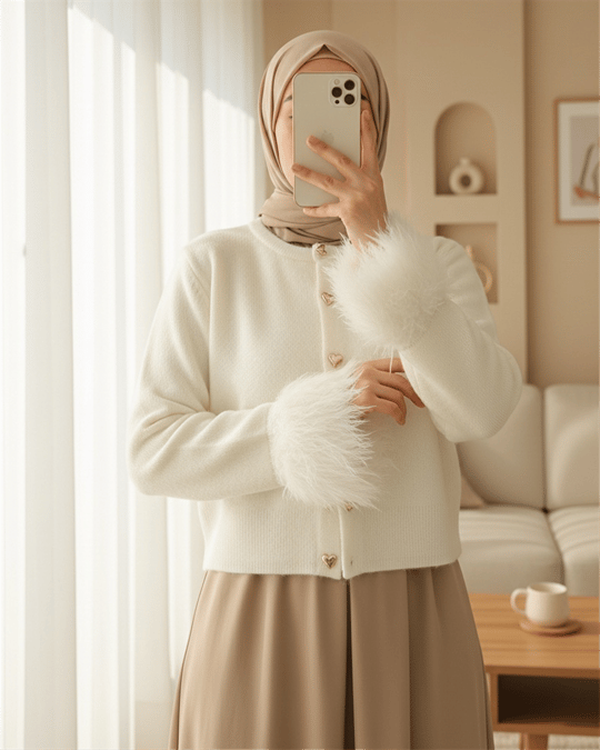 Kalp Düğmeli Kolu Saçaklı Triko Hırka -Ekru