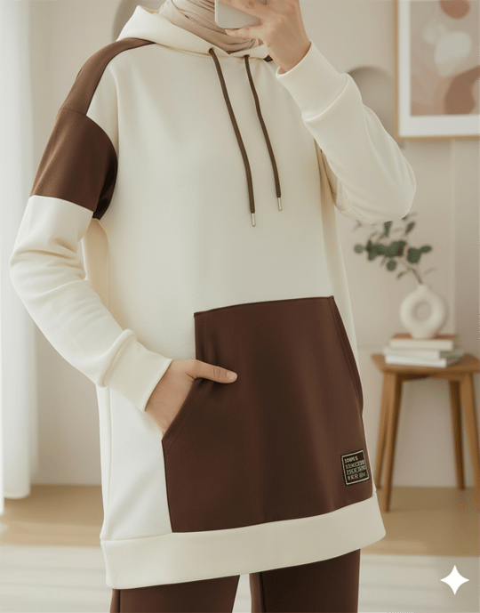 Womens Kangaroo-Pocket Double Multicolor Set - Beige