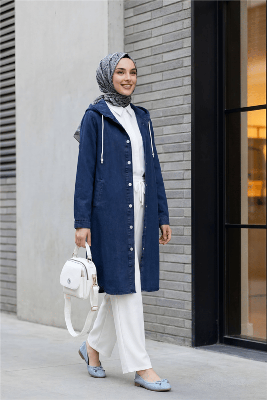 Womens Hooded Button-Front Oval Cut Denim Long Coat - Navy