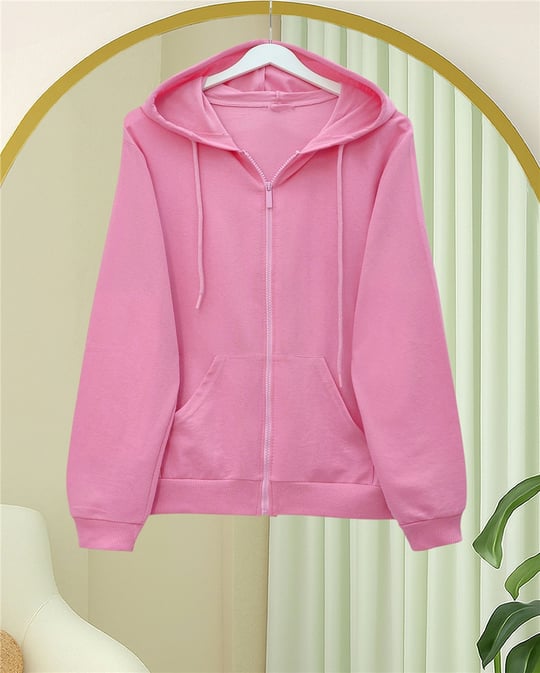 Kapşonlu Fermuarlı Cepli Penye Sweat  -Pembe