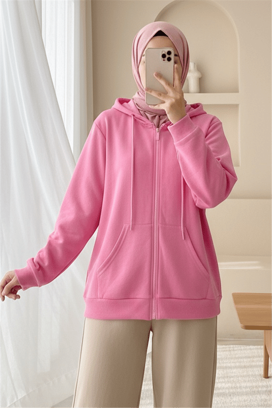 Kapşonlu Fermuarlı Cepli Penye Sweat  -Pembe