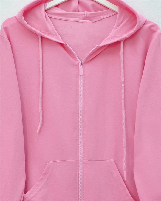 Kapşonlu Fermuarlı Cepli Penye Sweat  -Pembe