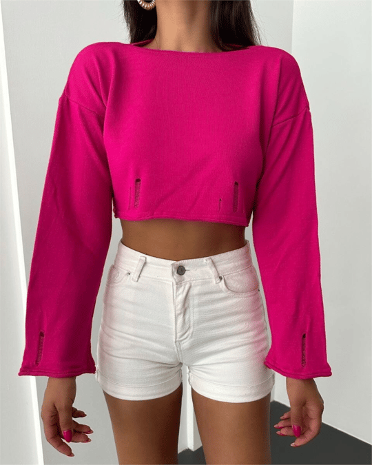 Womens Boat Neck Knit Cropped - Fuchsia