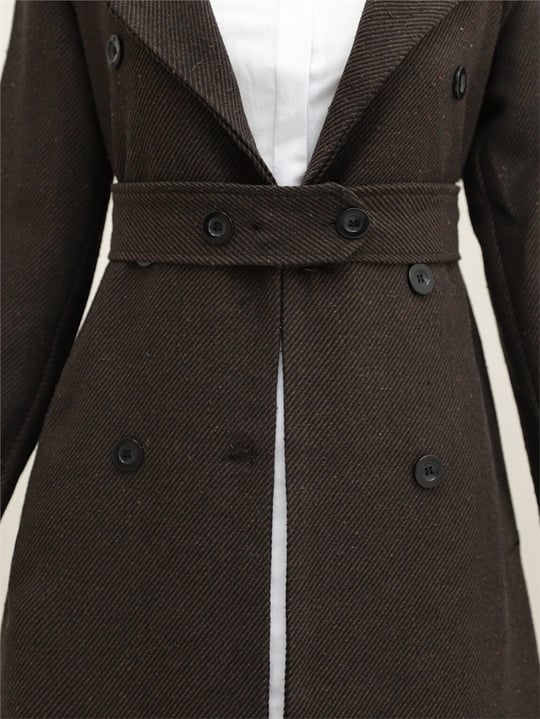 Kemerli Astarlı Bolero Detaylı Kaban -Kahve