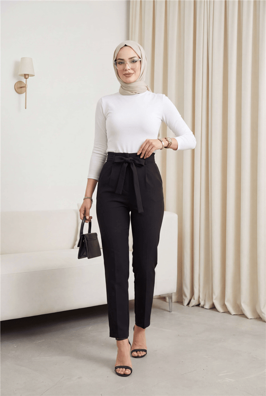 Kemerli Bilek Pantolon -Siyah