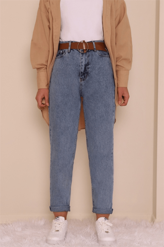 Kemerli Kot Pantolon -Açık Mavi