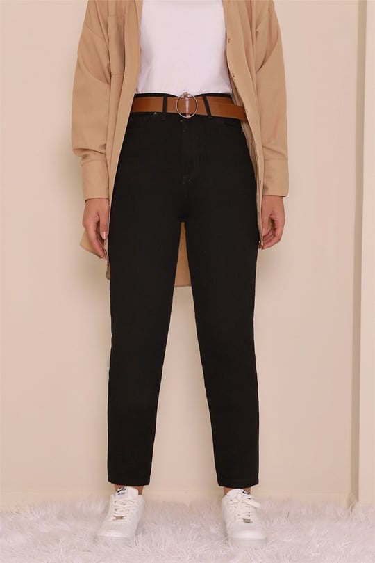 Kemerli Kot Pantolon -Siyah