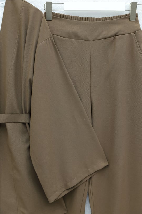 Kemerli Pantolonlu Kimono Takım    -Açık Kahverengi