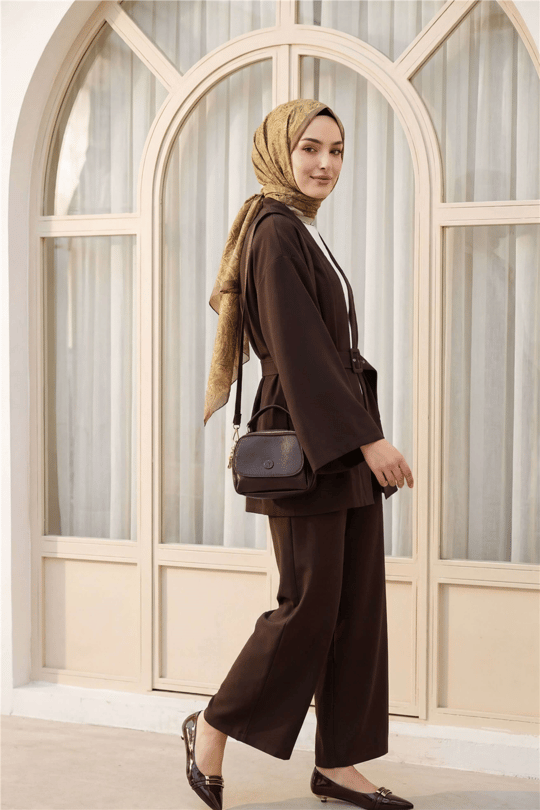Kemerli Pantolonlu Kimono Takım   -Kahve