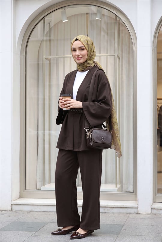 Kemerli Pantolonlu Kimono Takım   -Kahve