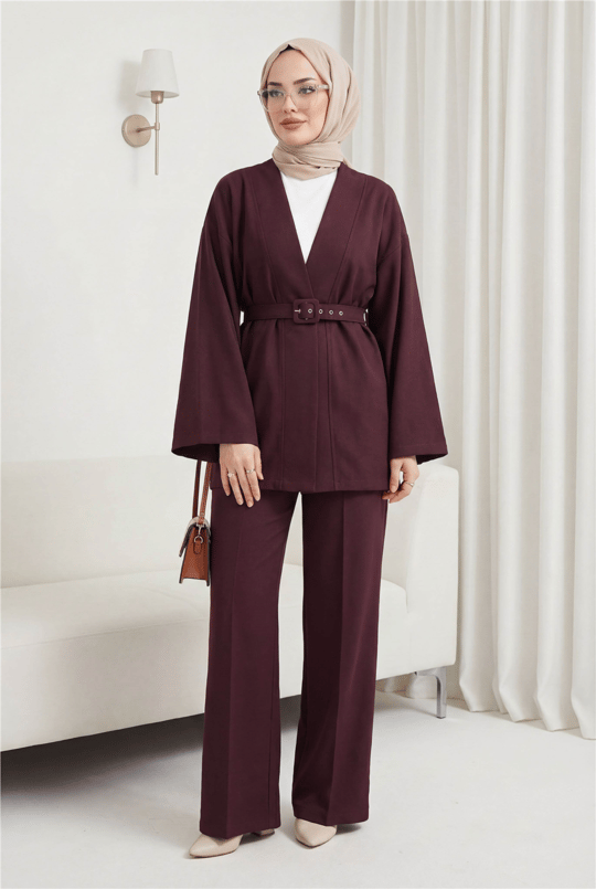 Kemerli Pantolonlu Kimono Takım   -Mürdüm