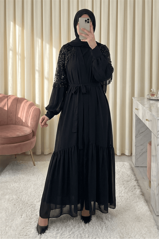Kesme Boncuklu Kemerli İkili Abaya Takım -Siyah