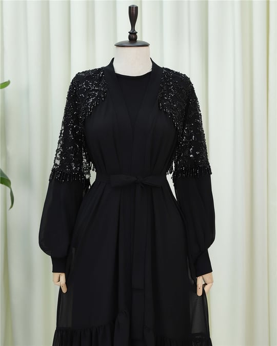 Kesme Boncuklu Kemerli İkili Abaya Takım -Siyah