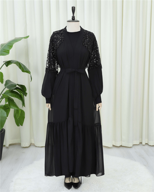Kesme Boncuklu Kemerli İkili Abaya Takım -Siyah