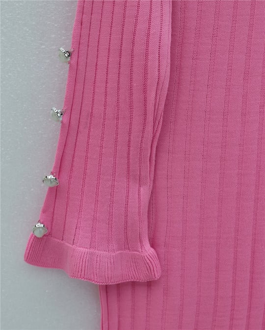 Kolları Düğmeli Eteği Fırfırlı Triko Elbise -Pembe