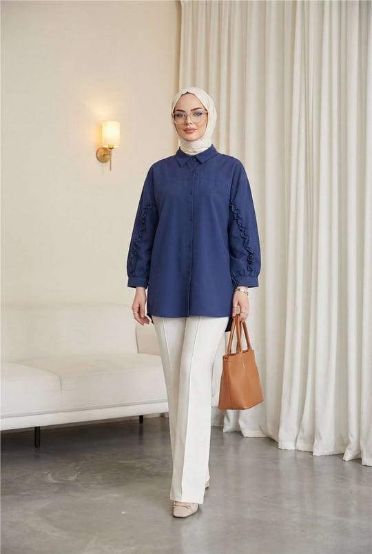 Kolları Fırfırlı Düğmeli Poplin Gömlek -Laci