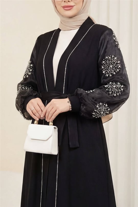 Kolları İnci Taş Detaylı Tesettür Abaya -Siyah