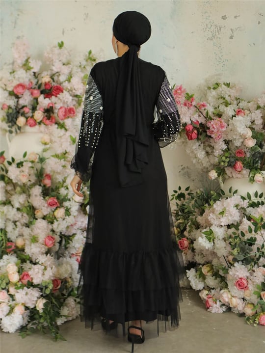 Kolları İncili Taşlı İkili Abaya Takım -Siyah