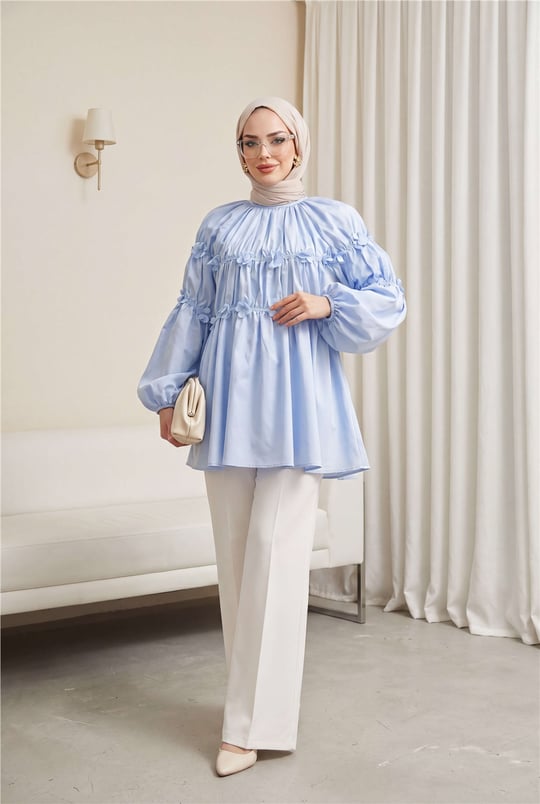 Kolları Lastikli Papatya Detaylı Poplin Tunik -Açık Mavi