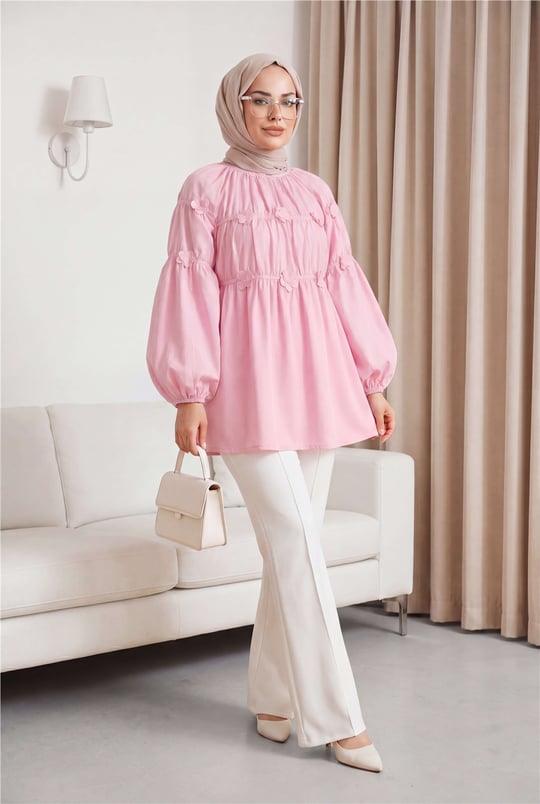 Kolları Lastikli Papatya Detaylı Poplin Tunik -Pudra