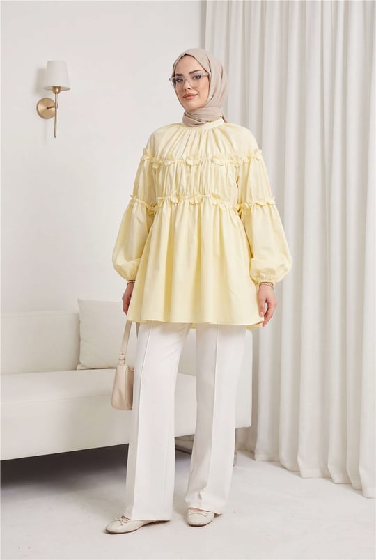 Kolları Lastikli Papatya Detaylı Poplin Tunik -Sarı