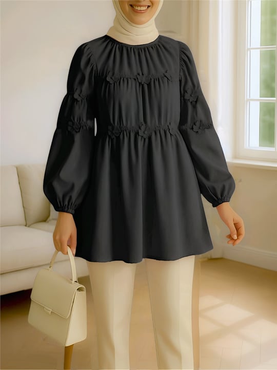 Kolları Lastikli Papatya Detaylı Poplin Tunik -Siyah