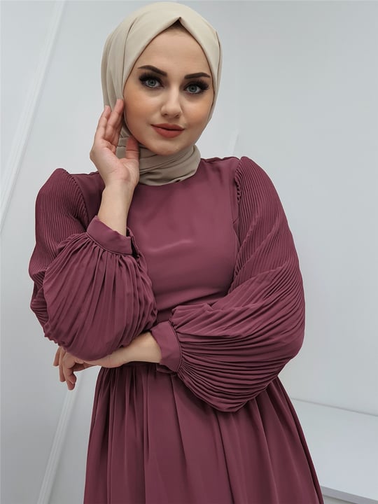 Kolları Plise Detaylı Önü Kuplu Şifon Elbise -G.Kurusu