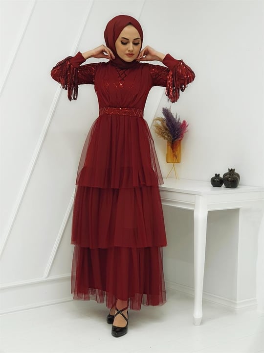 Kolları Pul Payet Tül Abiye  -Bordo
