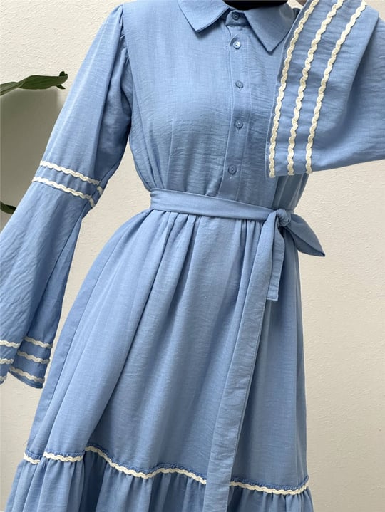 Kolları ve eteği süzene işlemeli Parçalı Elbise    -Bebe Mavi