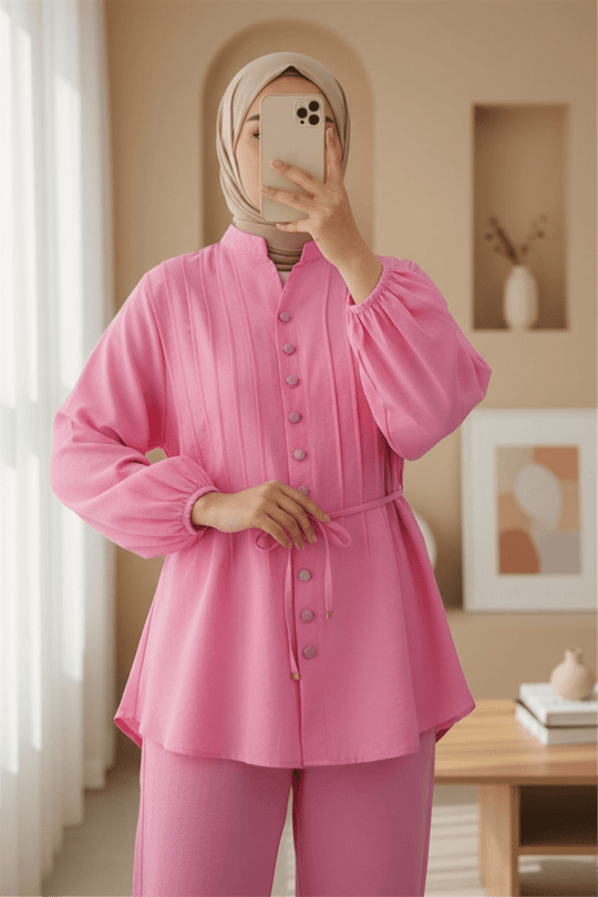 Kolu Bağcıklı Düğmeli V Yaka Tunik Pantolon Takım -Pembe